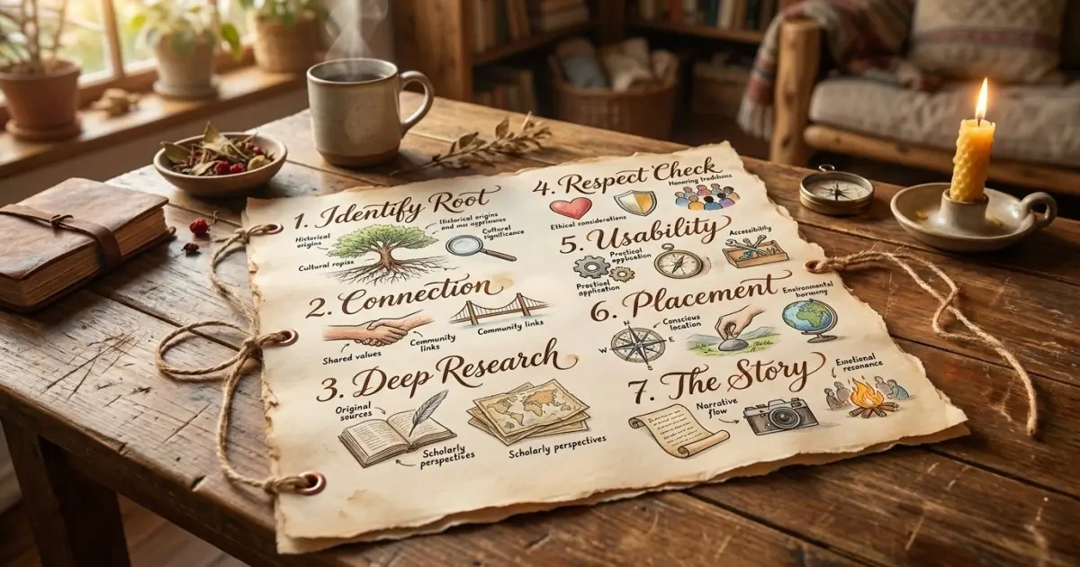 An artistic scrapbook infographic detailing a seven-step framework for how to choose names with strong cultural roots.