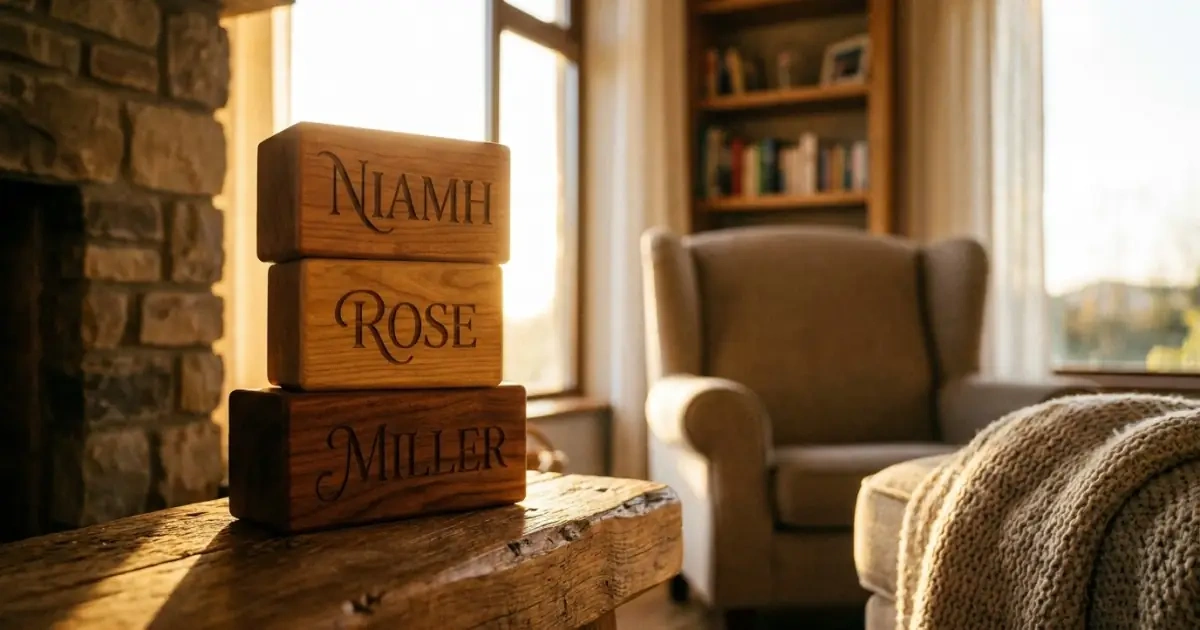 Engraved wooden blocks showing a balanced full name incorporating how to keep a cultural spelling