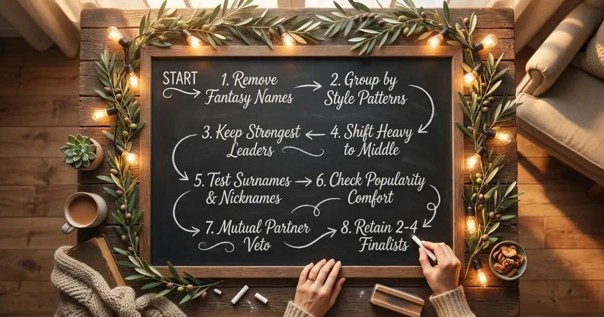 A beautiful hand-drawn family chalkboard showing an 8-step framework to narrow a baby name list.