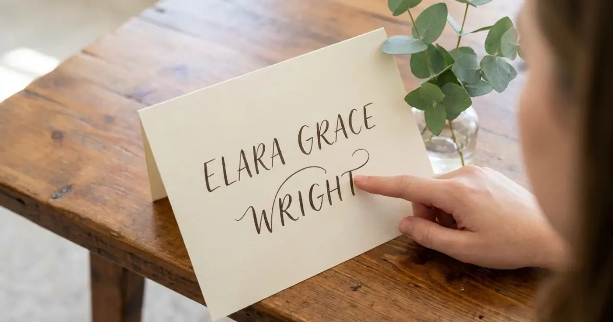 Testing full-name flow and surname fit on a handwritten card.