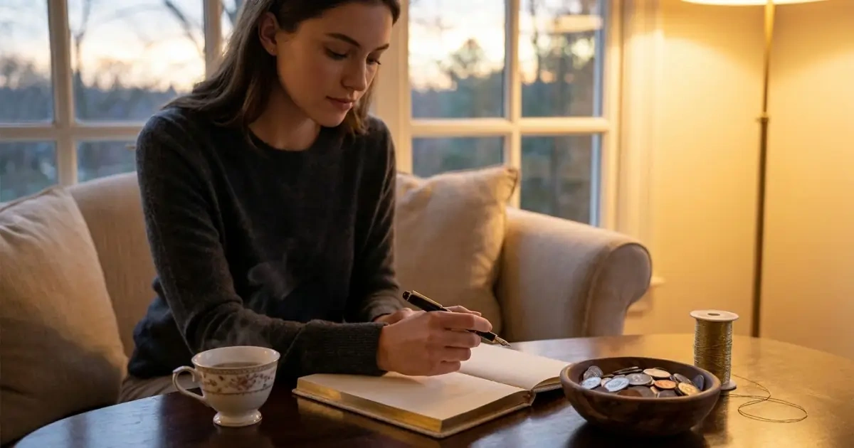A woman thoughtfully writing in a journal reflecting on cross-cultural baby names.