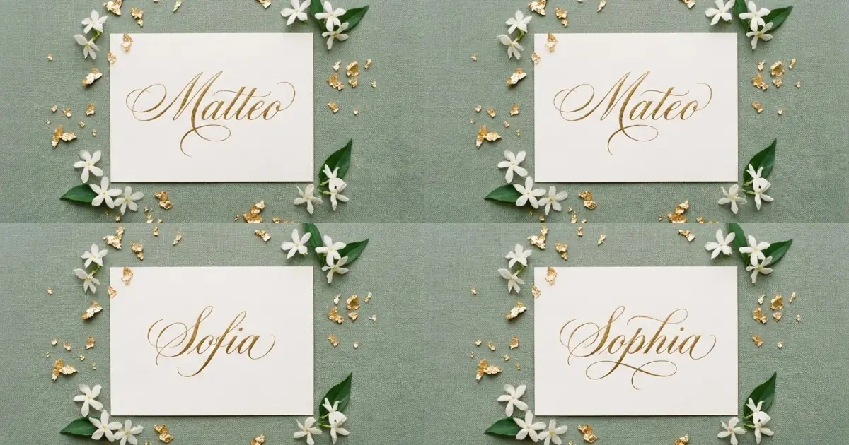 Gold foil calligraphy showcasing different spelling forms of popular international baby names.