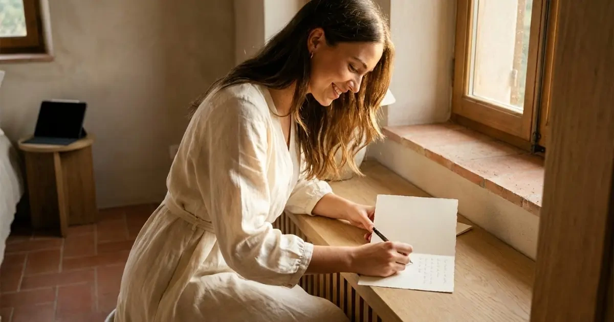 A woman writing on textured paper near a tablet illustrating searchable baby names usability.