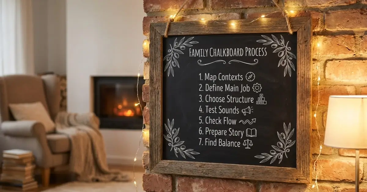 A cozy family chalkboard infographic mapping out a practical framework for international baby names.
