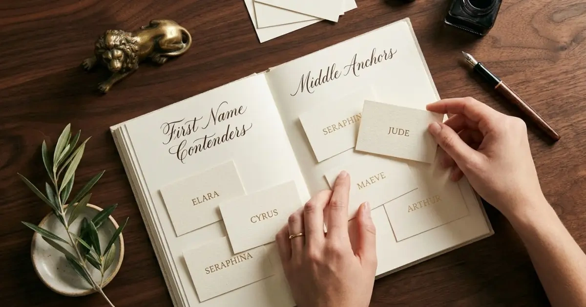 Organizing a baby name list into first name contenders and middle name roles on a wooden table.