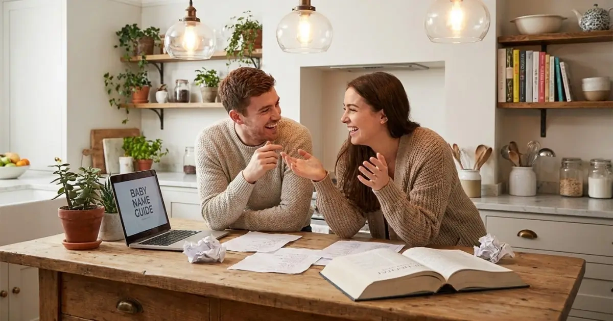 A young couple discussing common questions about their baby name list in a cozy kitchen.