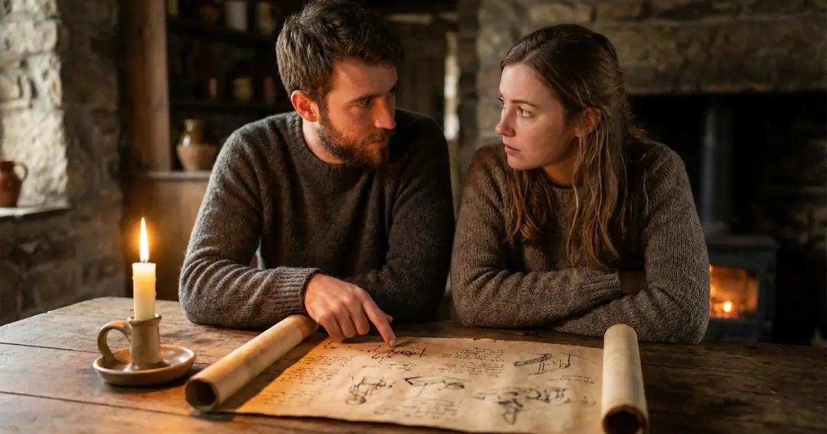 A couple discussing naming choices over a parchment diagram under cozy candlelight.