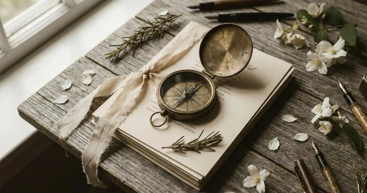 A vintage brass compass on custom name lists showing baby names for digital life balance.