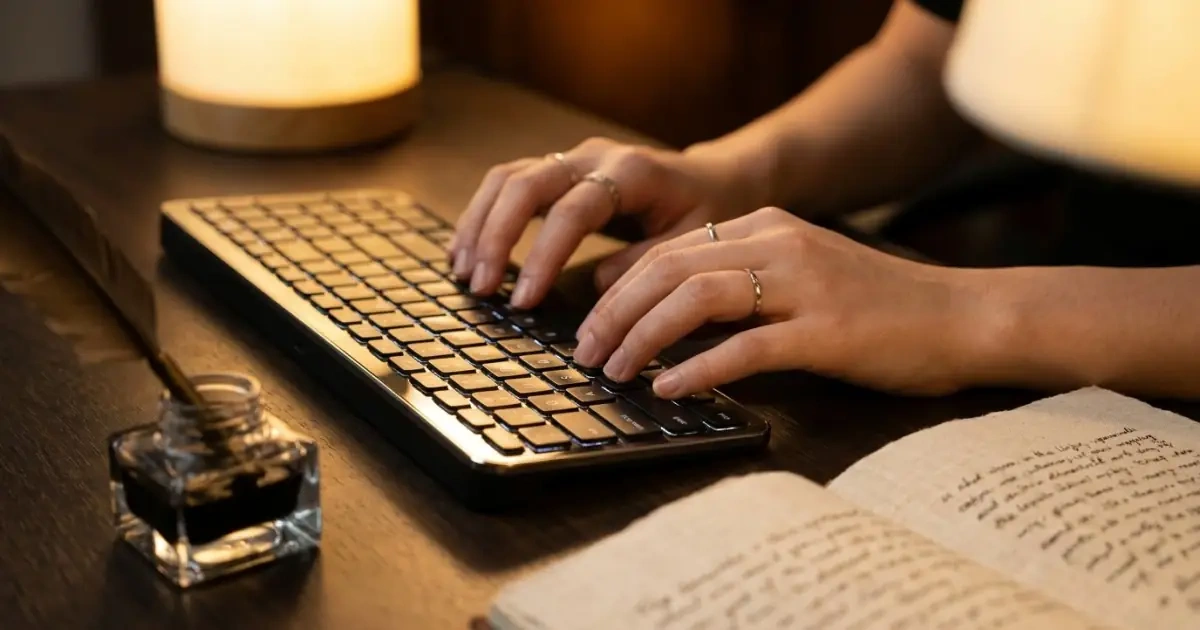 Hands typing on a sleek keyboard next to calligraphy checking baby names for digital life friction.