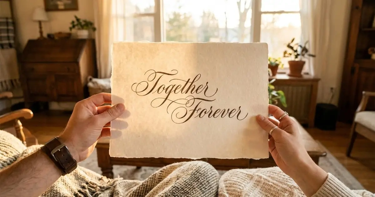 Hands holding a handmade paper with unified calligraphy showing modern baby name usability.