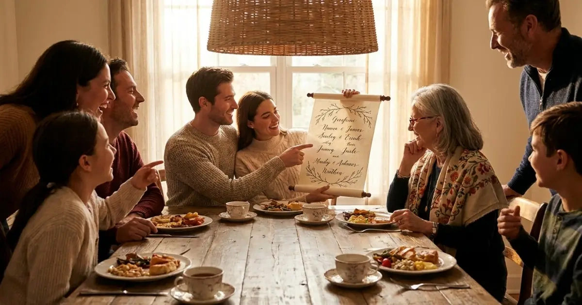 A young couple sharing traditional spelling baby names history with extended family