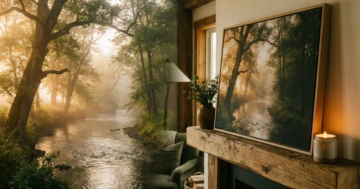 A beautiful river scene canvas print on a mantlepiece representing nature word names.