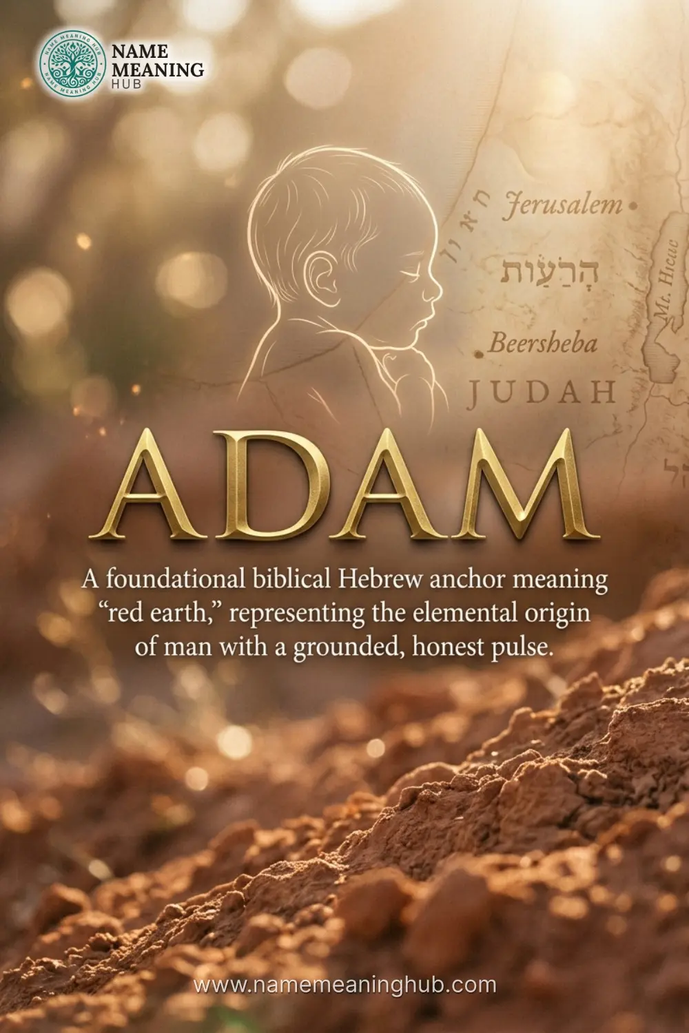 Meaning of the name Adam: A foundational biblical Hebrew anchor meaning "red earth," representing the elemental origin of man with a grounded, honest pulse.