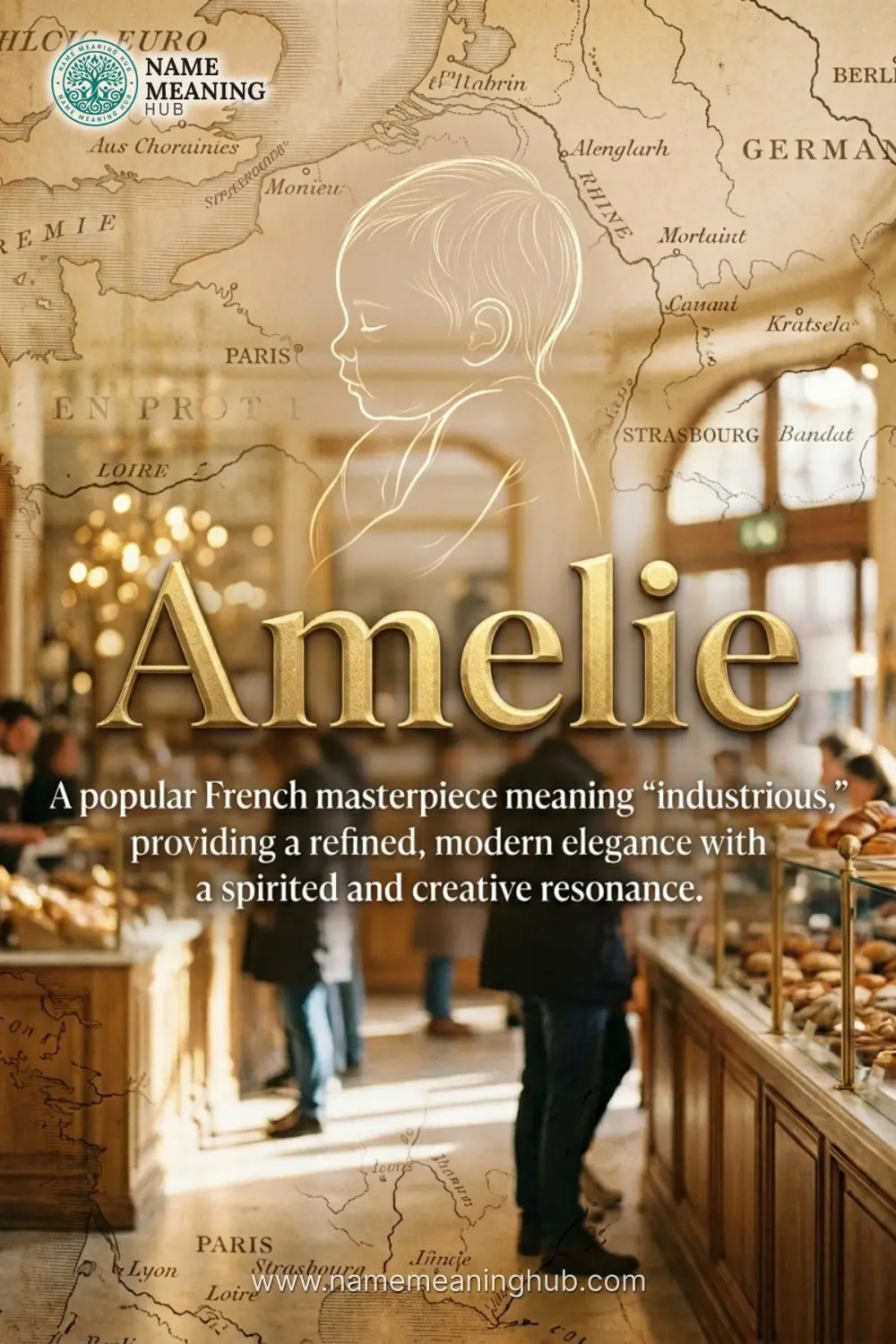 Meaning of the name Amelie: A popular French masterpiece meaning "industrious," providing a refined, modern elegance with a spirited and creative resonance.