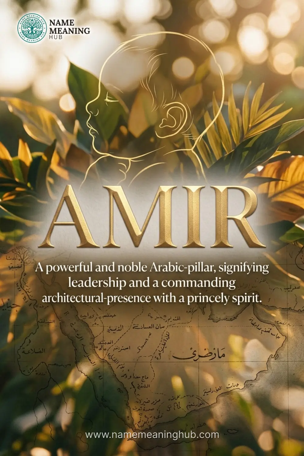 Meaning of the name Amir: A powerful and noble Arabic-pillar, signifying leadership and a commanding architectural-presence with a princely spirit.