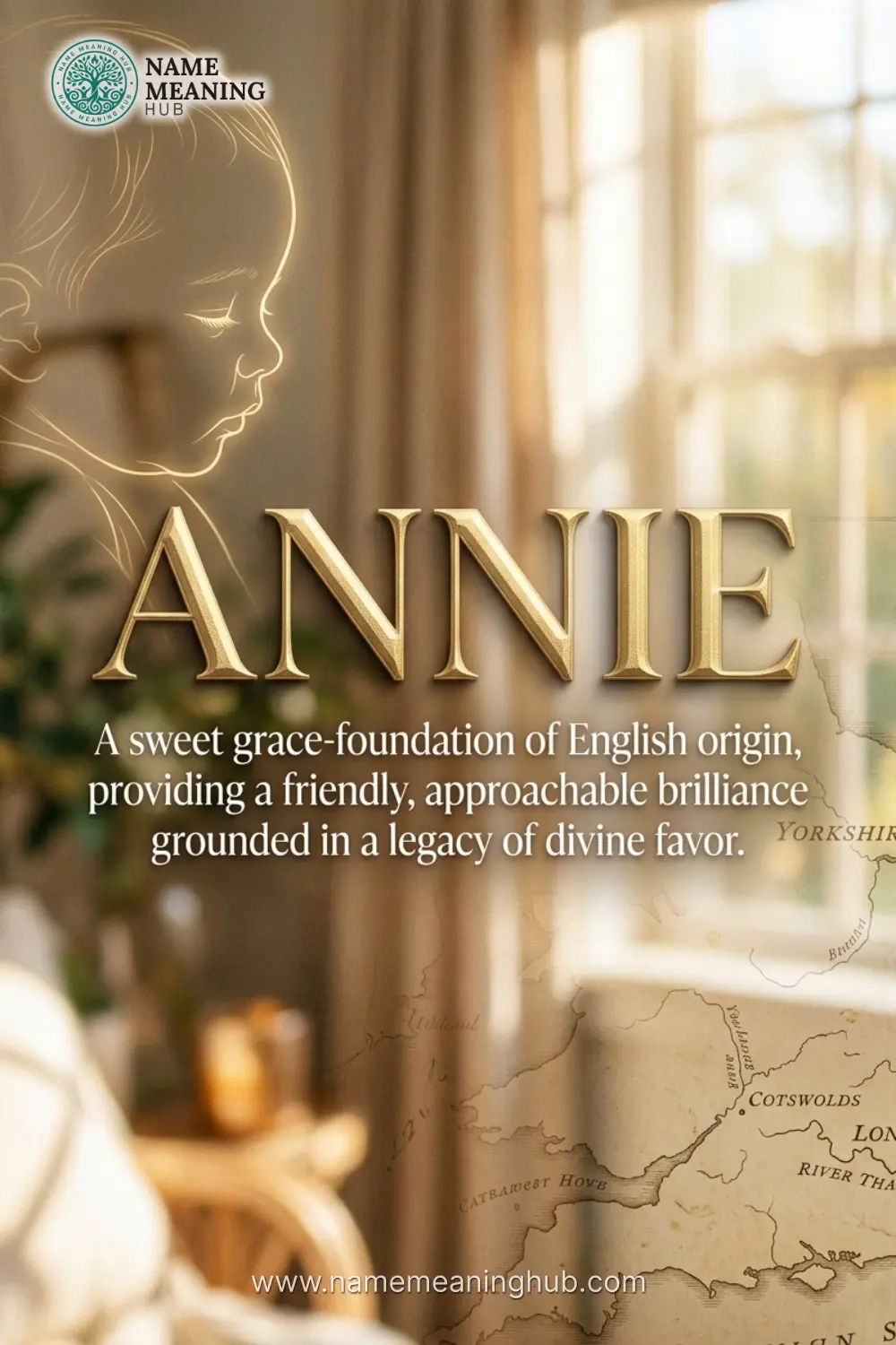 Meaning of the name Annie: A sweet grace-foundation of English origin, providing a friendly, approachable brilliance grounded in a legacy of divine favor.