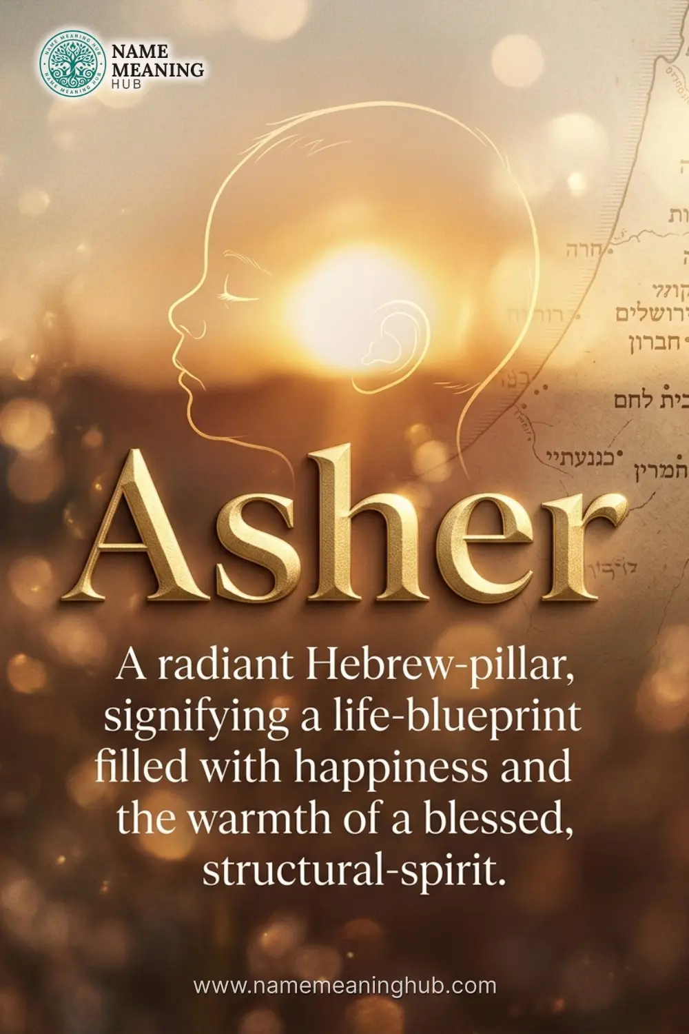 Meaning of the name Asher: A radiant Hebrew-pillar, signifying a life-blueprint filled with happiness and the warmth of a blessed, structural-spirit.