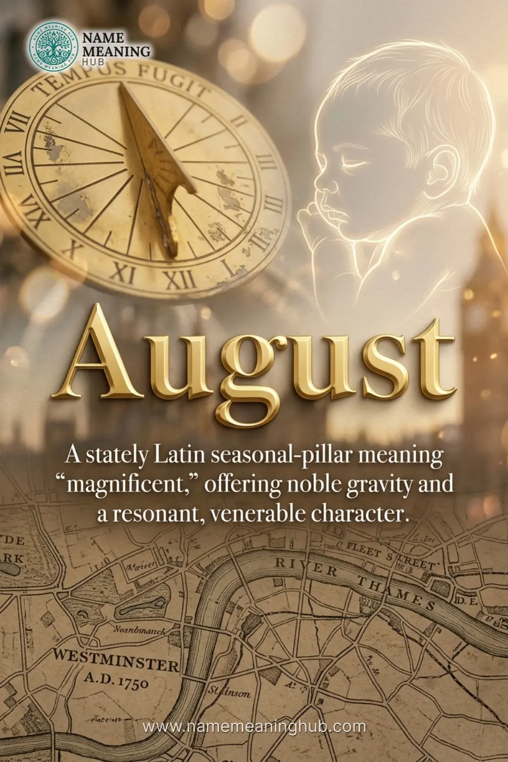 Meaning of the name August: A stately Latin seasonal-pillar meaning "magnificent," offering noble gravity and a resonant, venerable character.