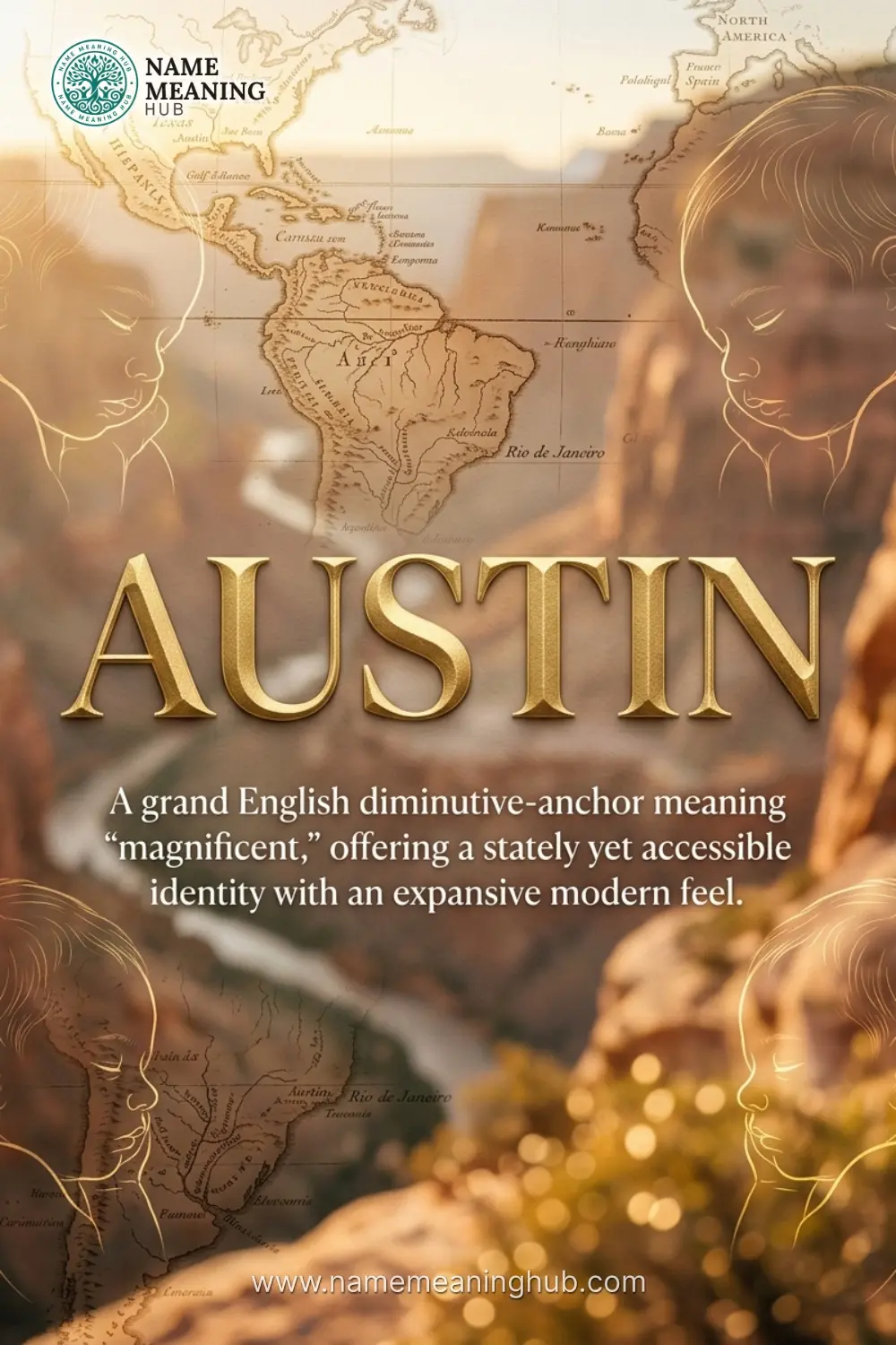Meaning of the name Austin: A grand English diminutive-anchor meaning "magnificent," offering a stately yet accessible identity with an expansive modern feel.
