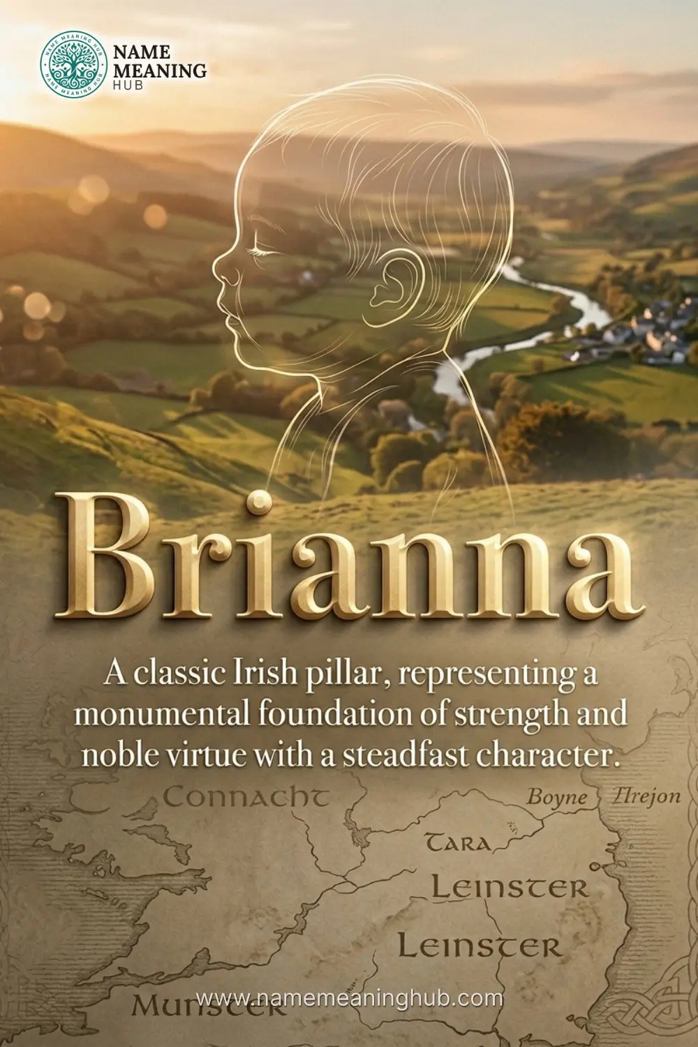 Meaning of the name Brianna: A classic Irish pillar, representing a monumental foundation of strength and noble virtue with a steadfast character.