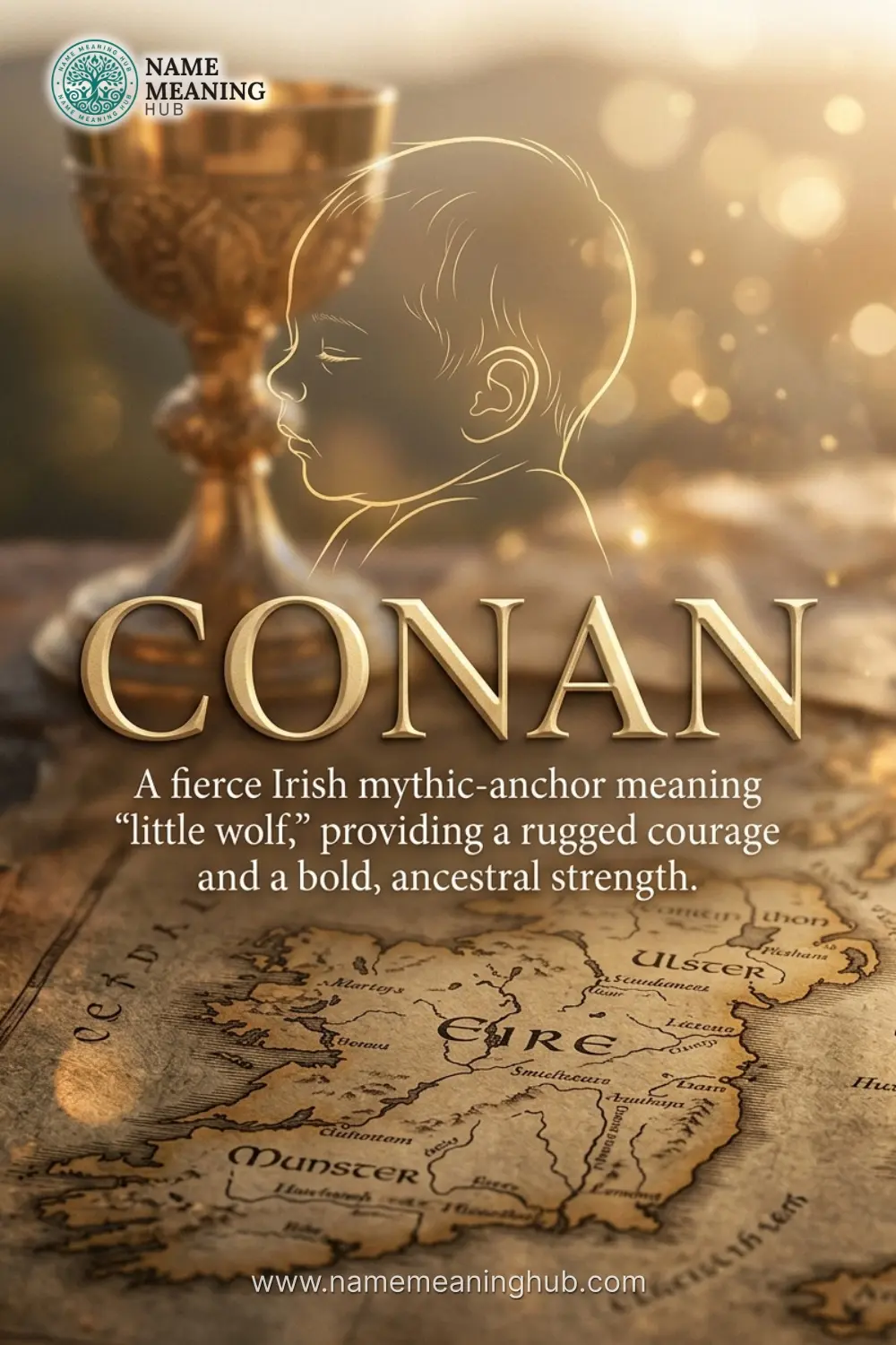 Meaning of the name Conan: A fierce Irish mythic-anchor meaning "little wolf," providing a rugged courage and a bold, ancestral strength.