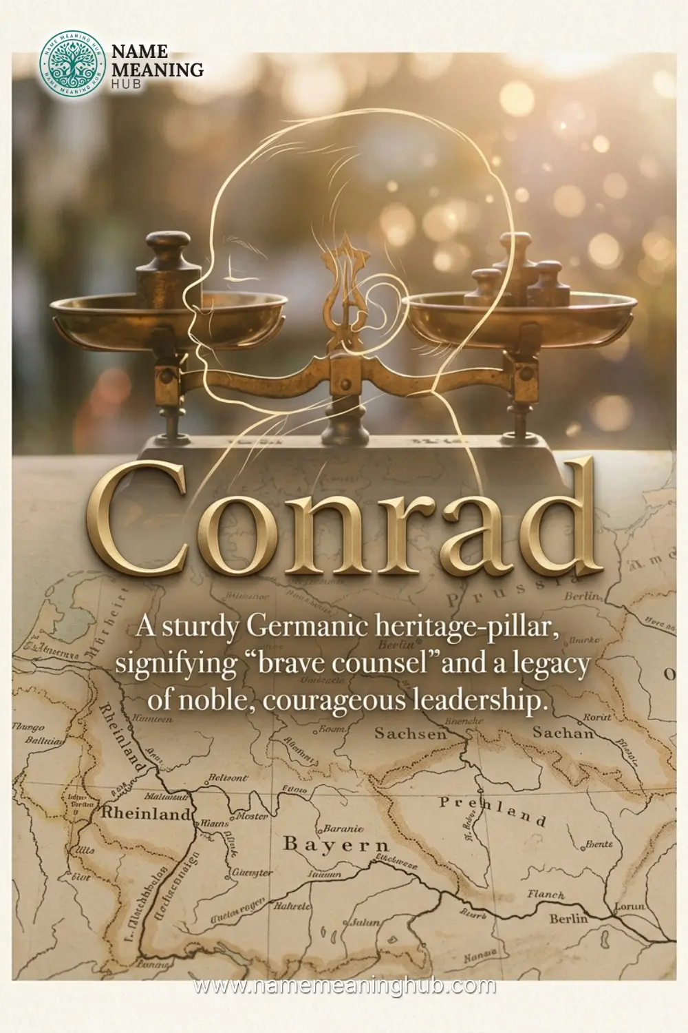 Meaning of the name Conrad: A sturdy Germanic heritage-pillar, signifying "brave counsel" and a legacy of noble, courageous leadership.