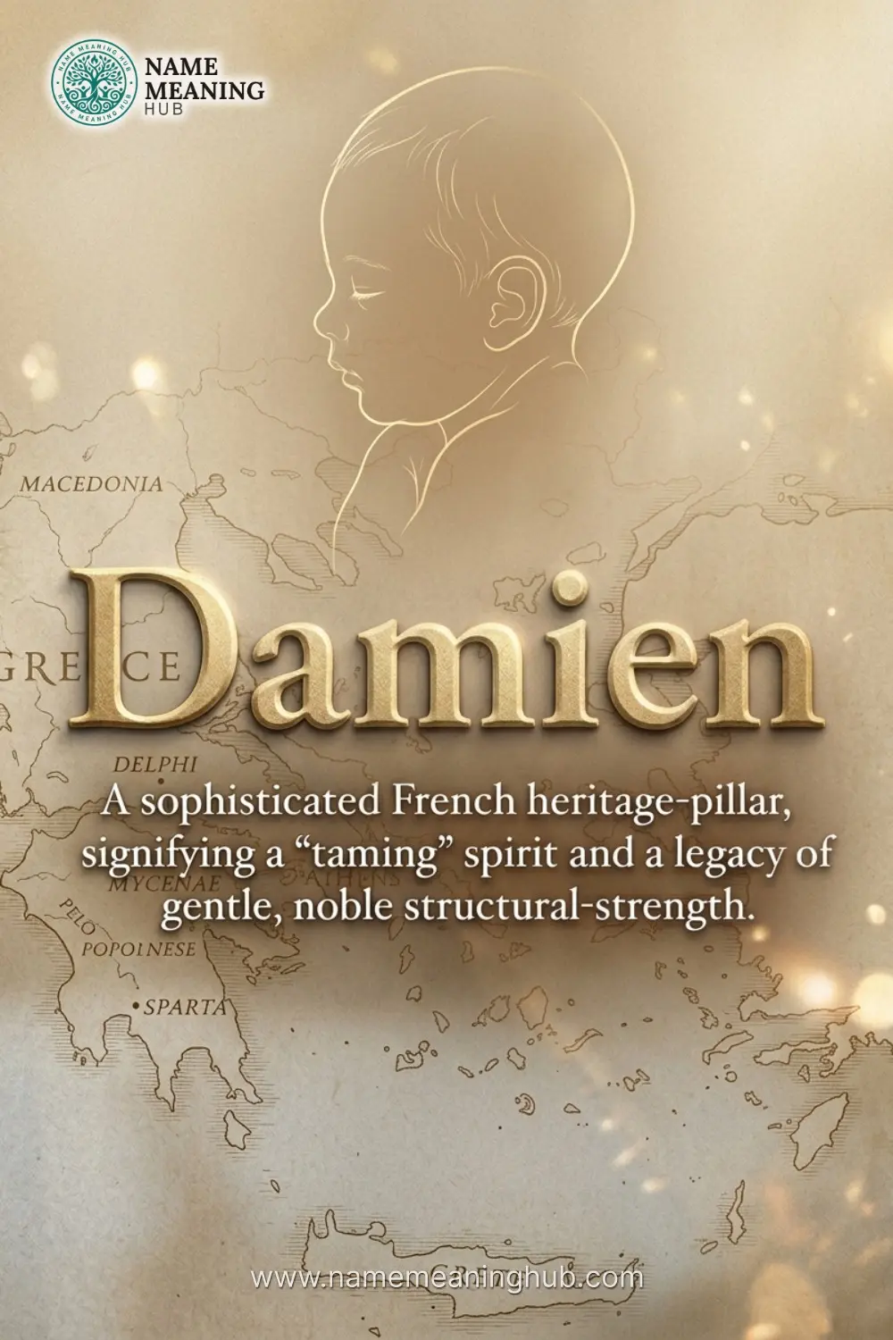 Meaning of the name Damien: A sophisticated French heritage-pillar, signifying a "taming" spirit and a legacy of gentle, noble structural-strength.