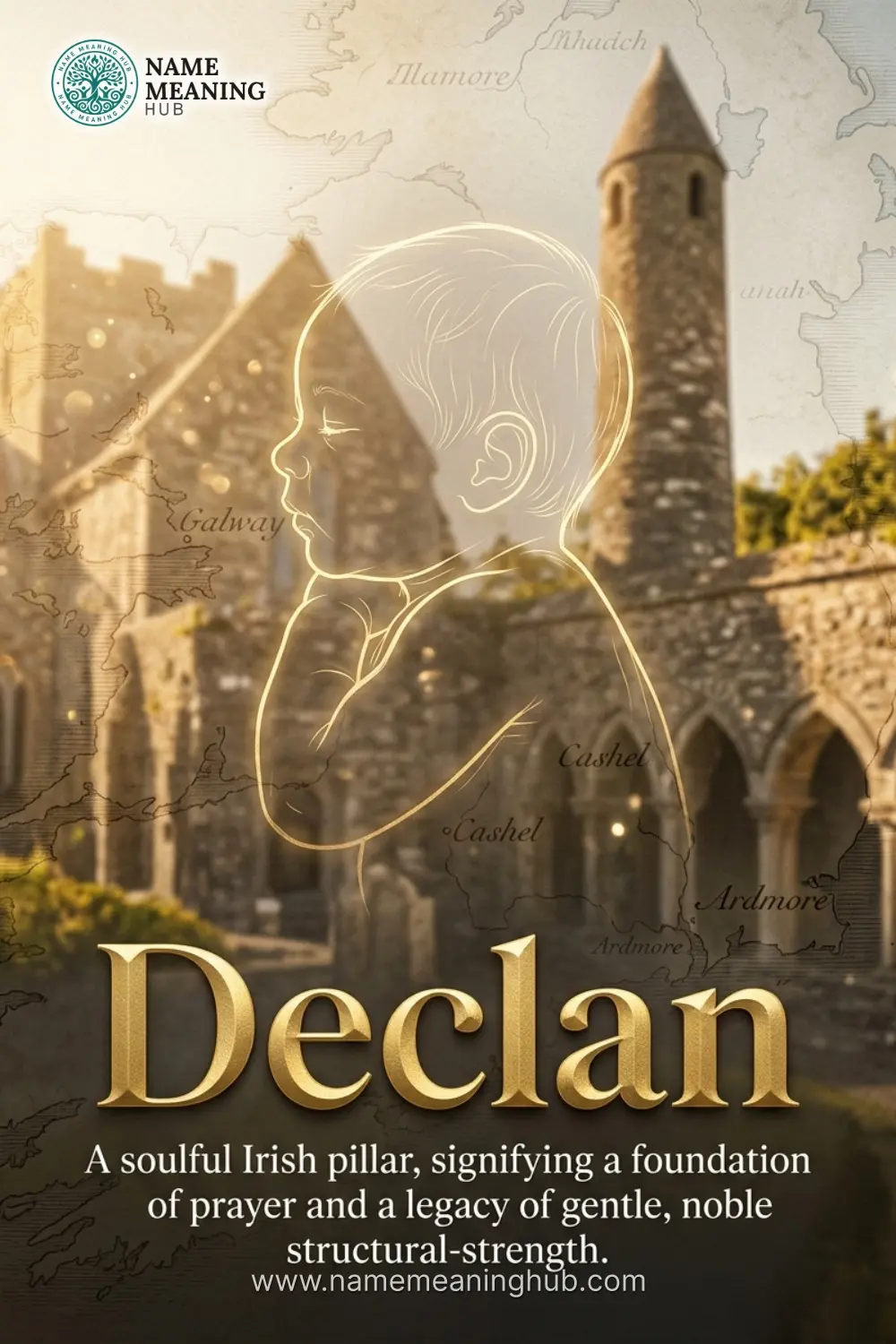 Meaning of the name Declan: A soulful Irish pillar, signifying a foundation of prayer and a legacy of gentle, noble structural-strength.