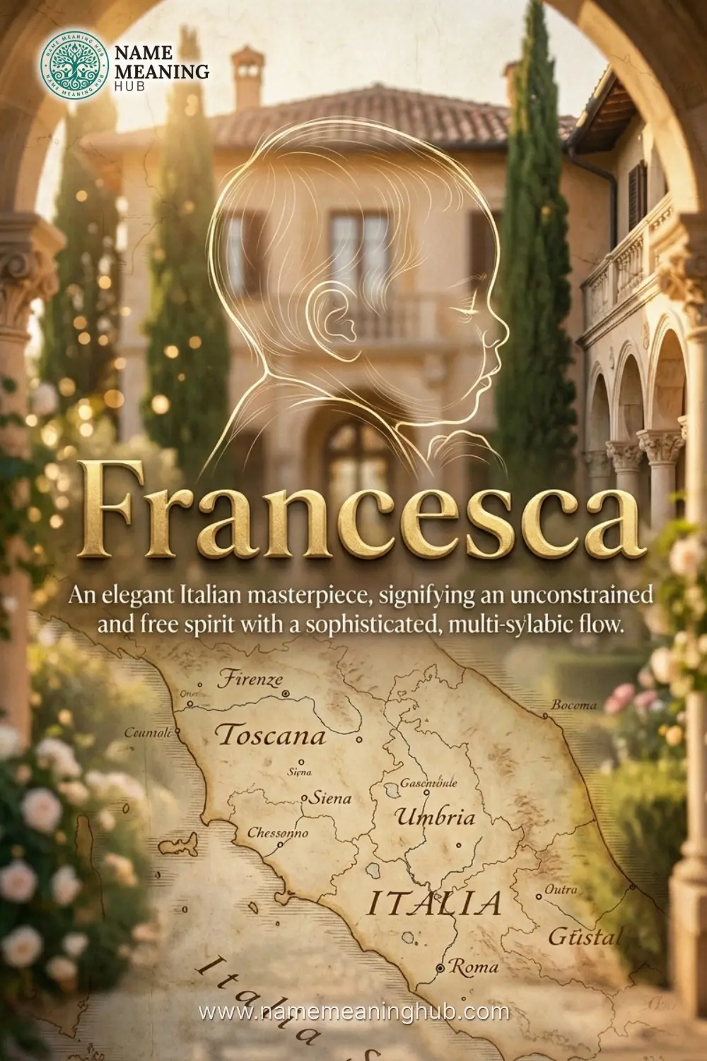 Meaning of the name Francesca: An elegant Italian masterpiece, signifying an unconstrained and free spirit with a sophisticated, multi-syllabic flow.
