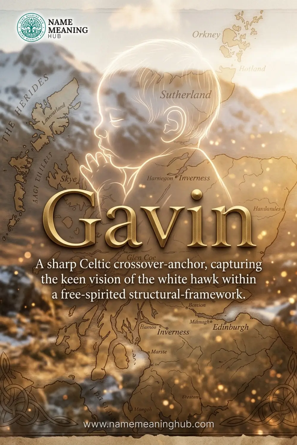 Meaning of the name Gavin: A sharp Celtic crossover-anchor, capturing the keen vision of the white hawk within a free-spirited structural-framework.