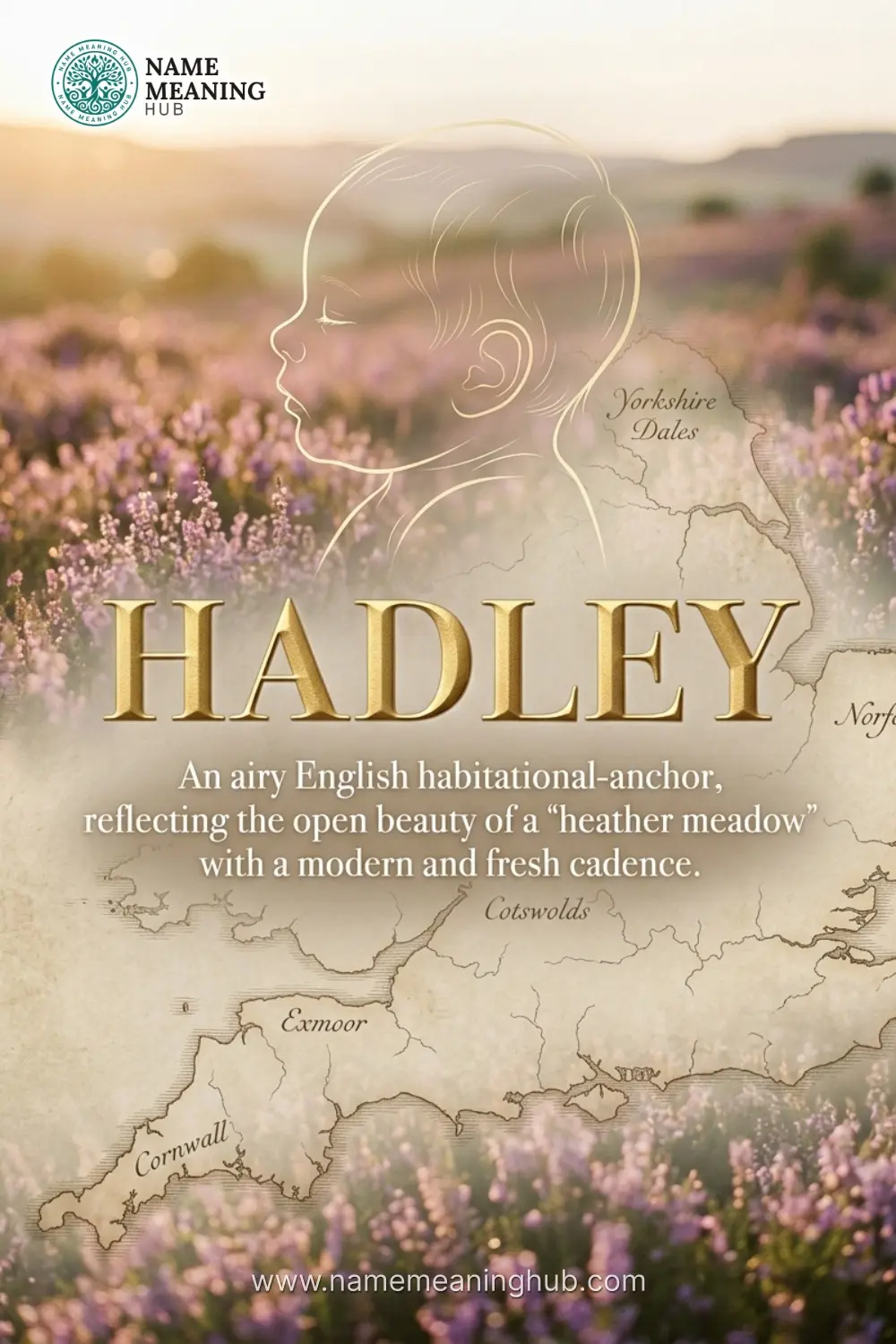 Meaning of the name Hadley: An airy English habitational-anchor, reflecting the open beauty of a "heather meadow" with a modern and fresh cadence.