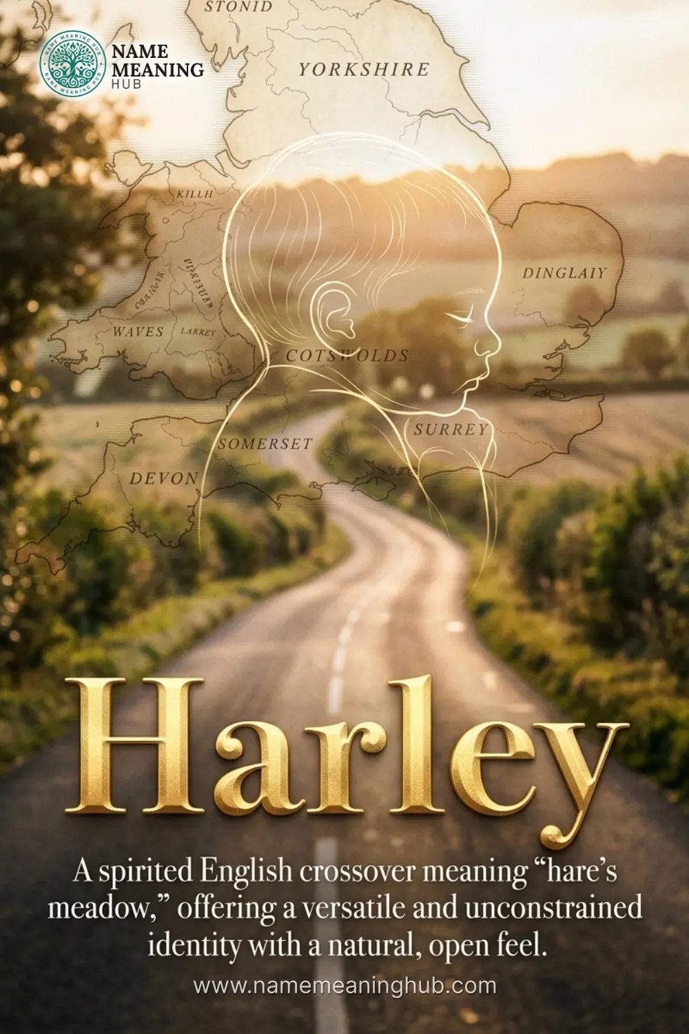 Meaning of the name Harley: A spirited English crossover meaning "hare's meadow," offering a versatile and unconstrained identity with a natural, open feel.