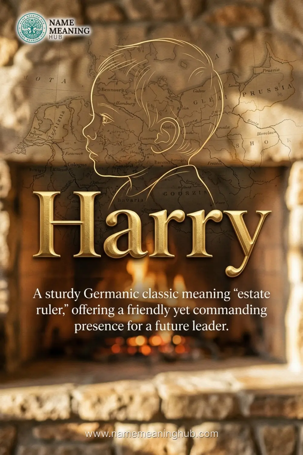 Meaning of the name Harry: A sturdy Germanic classic meaning "estate ruler," offering a friendly yet commanding presence for a future leader.
