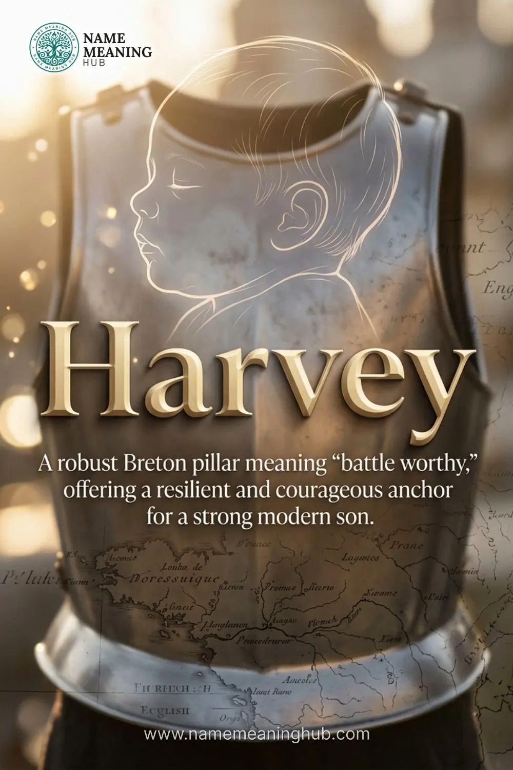 Meaning of the name Harvey: A robust Breton pillar meaning "battle worthy," offering a resilient and courageous anchor for a strong modern son.