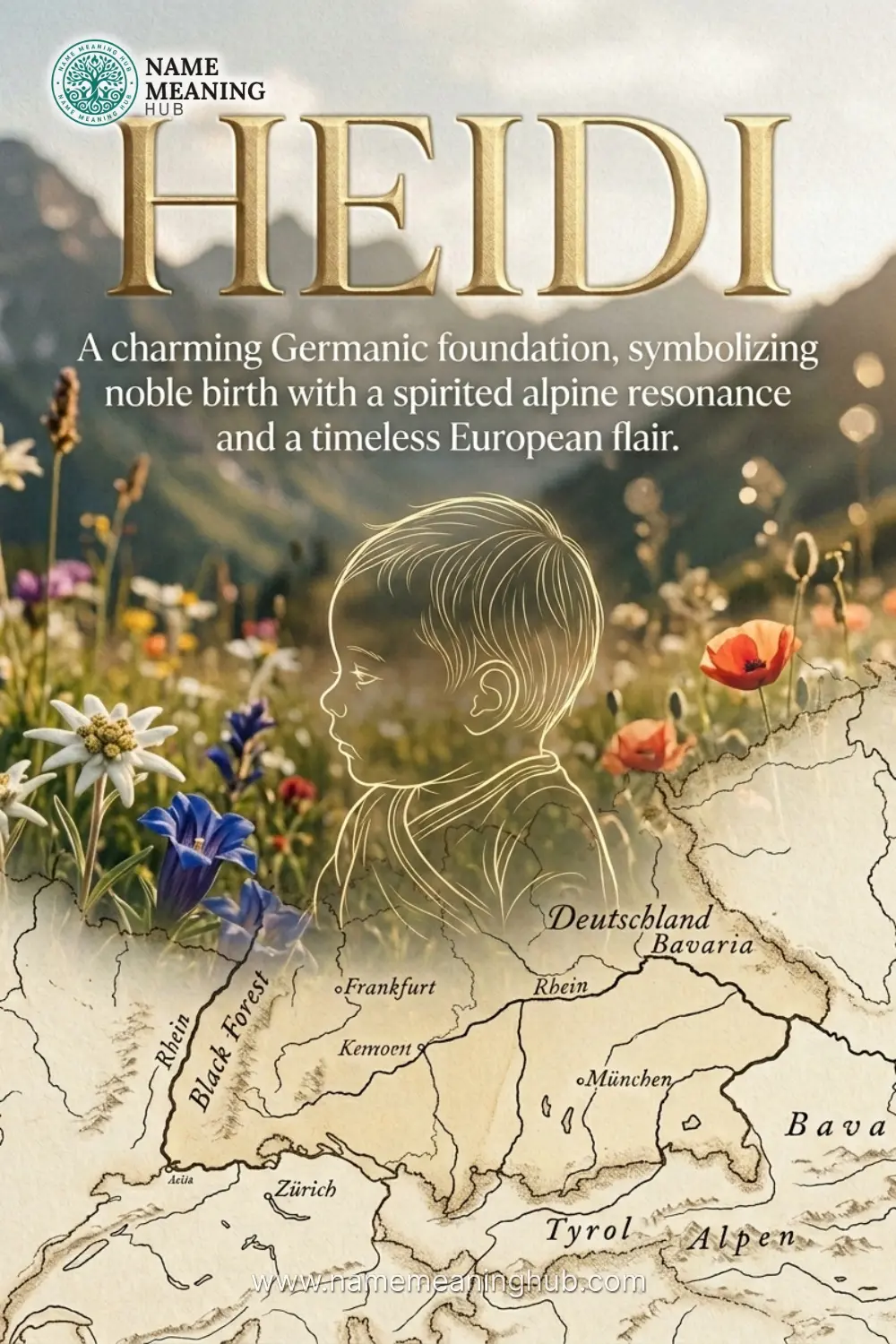 Meaning of the name Heidi: A charming Germanic foundation, symbolizing noble birth with a spirited alpine resonance and a timeless European flair.
