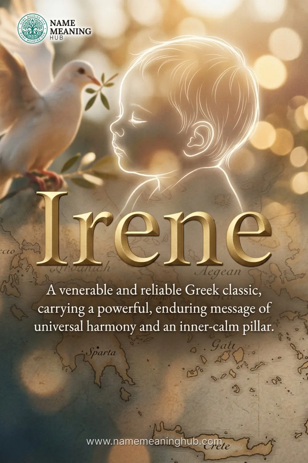 Meaning of the name Irene: A venerable and reliable Greek classic, carrying a powerful, enduring message of universal harmony and an inner-calm pillar.