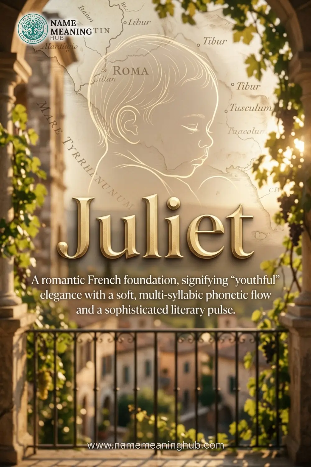 Meaning of the name Juliet: A romantic French foundation, signifying "youthful" elegance with a soft, multi-syllabic phonetic flow and a sophisticated literary pulse.