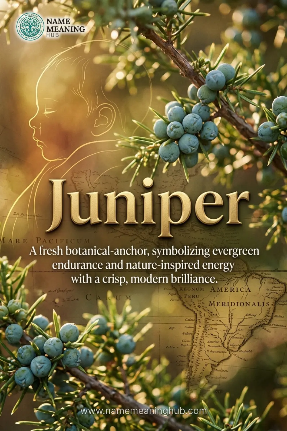 Meaning of the name Juniper: A fresh botanical-anchor, symbolizing evergreen endurance and nature-inspired energy with a crisp, modern brilliance.