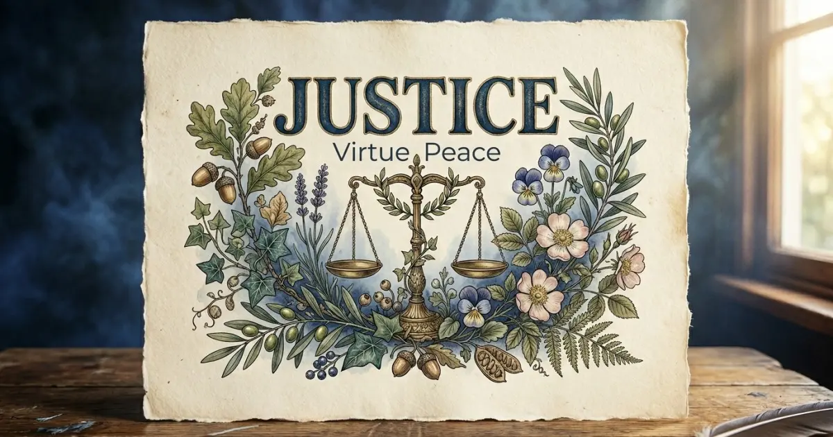 Justice meaning themes: virtue, peace