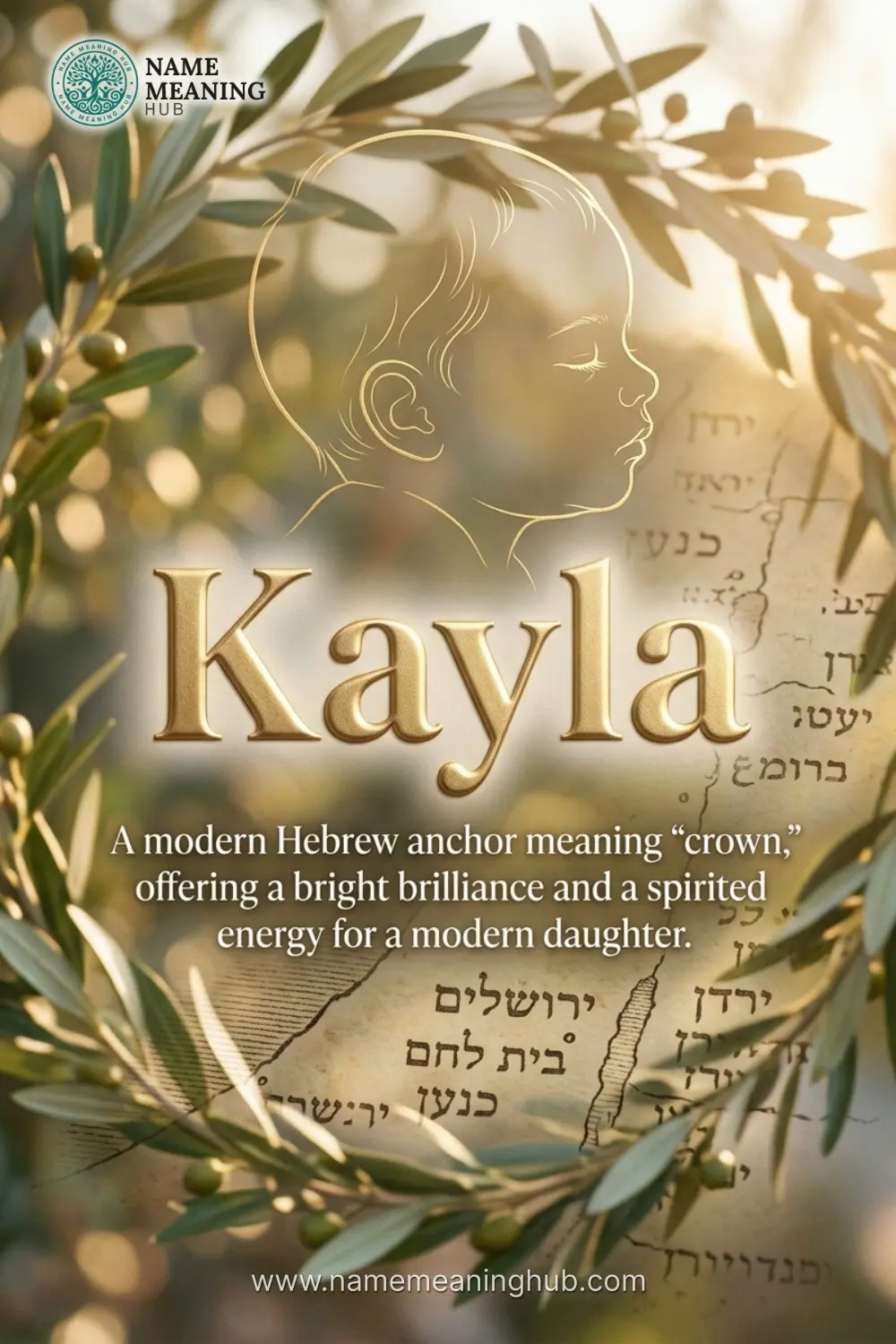 Meaning of the name Kayla: A modern Hebrew anchor meaning "crown," offering a bright brilliance and a spirited energy for a modern daughter.