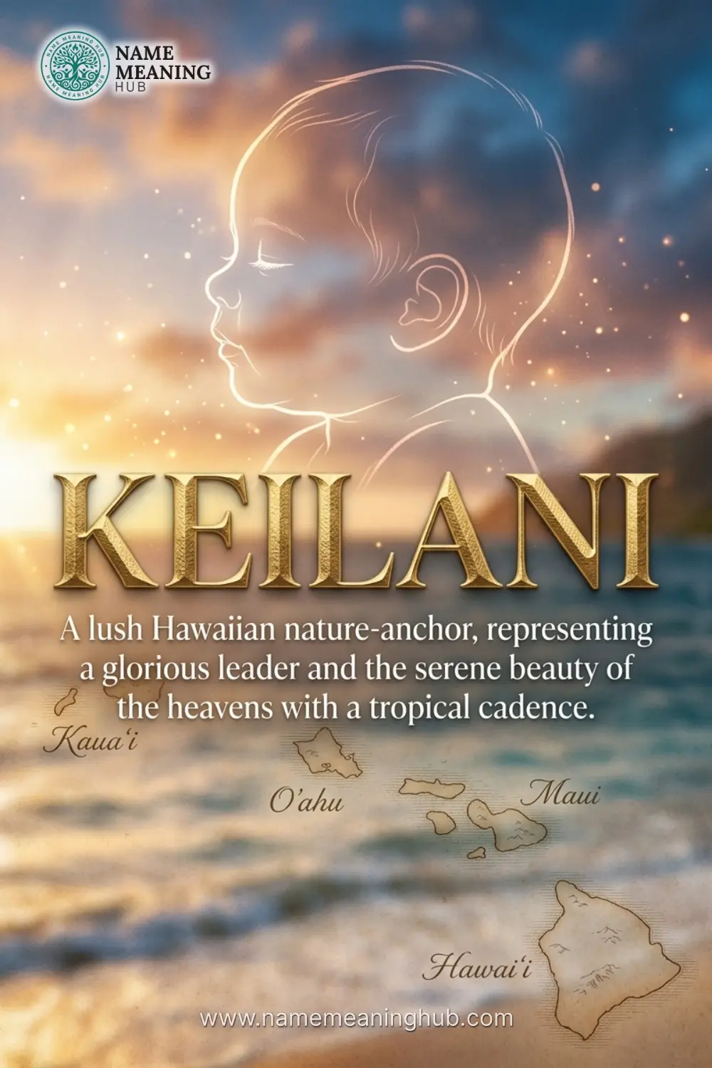 Meaning of the name Keilani: A lush Hawaiian nature-anchor, representing a glorious leader and the serene beauty of the heavens with a tropical cadence.