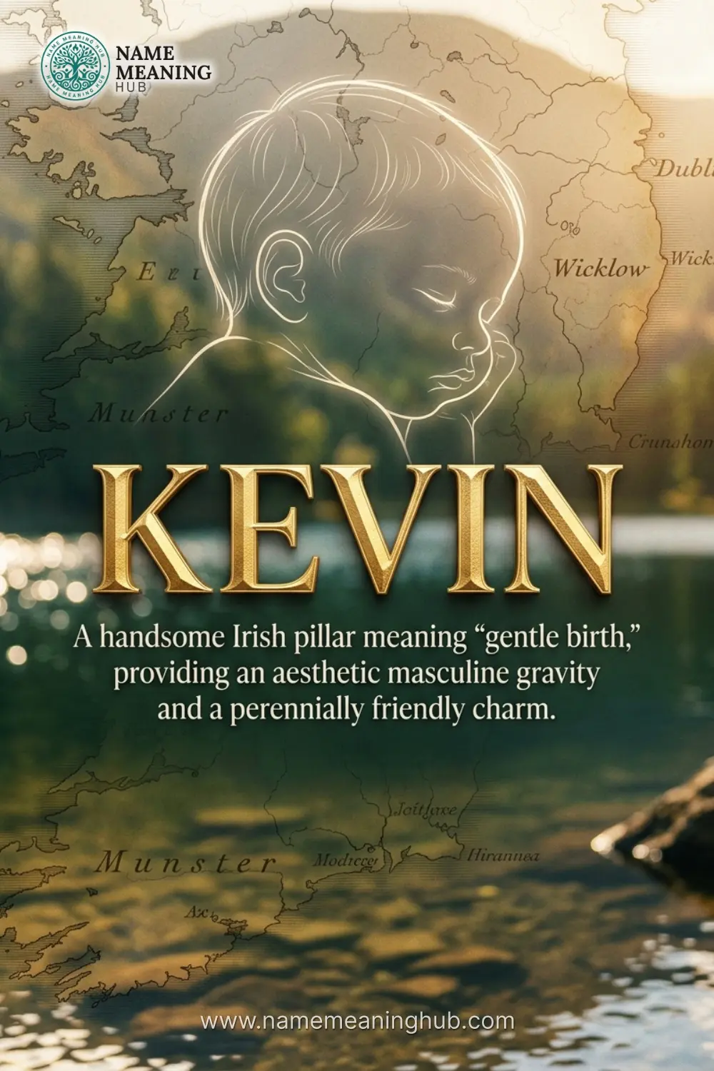 Meaning of the name Kevin: A handsome Irish pillar meaning "gentle birth," providing an aesthetic masculine gravity and a perennially friendly charm.