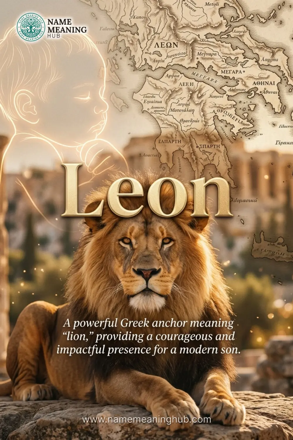 Meaning of the name Leon: A powerful Greek anchor meaning "lion," providing a courageous and impactful presence for a modern son.