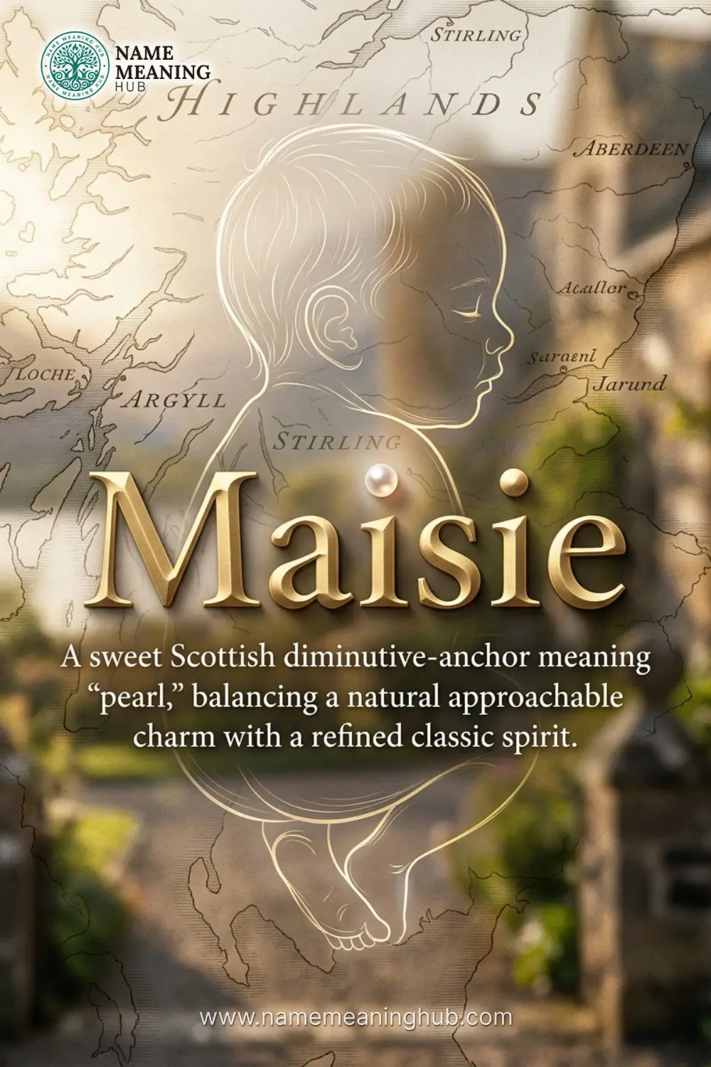 Meaning of the name Maisie: A sweet Scottish diminutive-anchor meaning "pearl," balancing a natural approachable charm with a refined classic spirit.