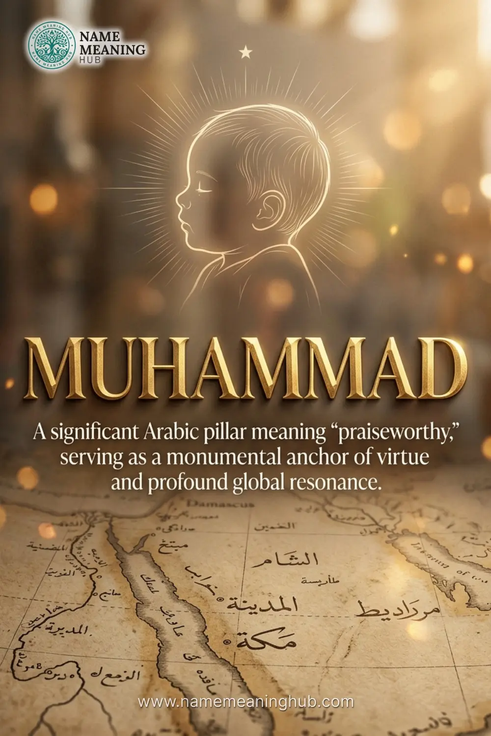 Meaning of the name Muhammad: A significant Arabic pillar meaning "praiseworthy," serving as a monumental anchor of virtue and profound global resonance.