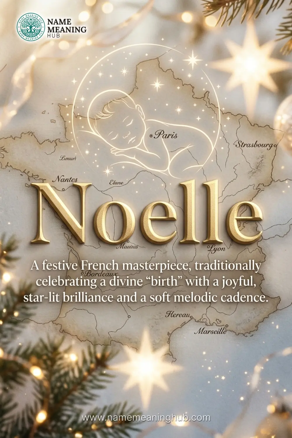 Meaning of the name Noelle: A festive French masterpiece, traditionally celebrating a divine "birth" with a joyful, star-lit brilliance and a soft melodic cadence.