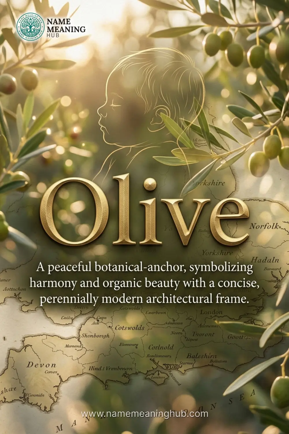 Meaning of the name Olive: A peaceful botanical-anchor, symbolizing harmony and organic beauty with a concise, perennially modern architectural frame.