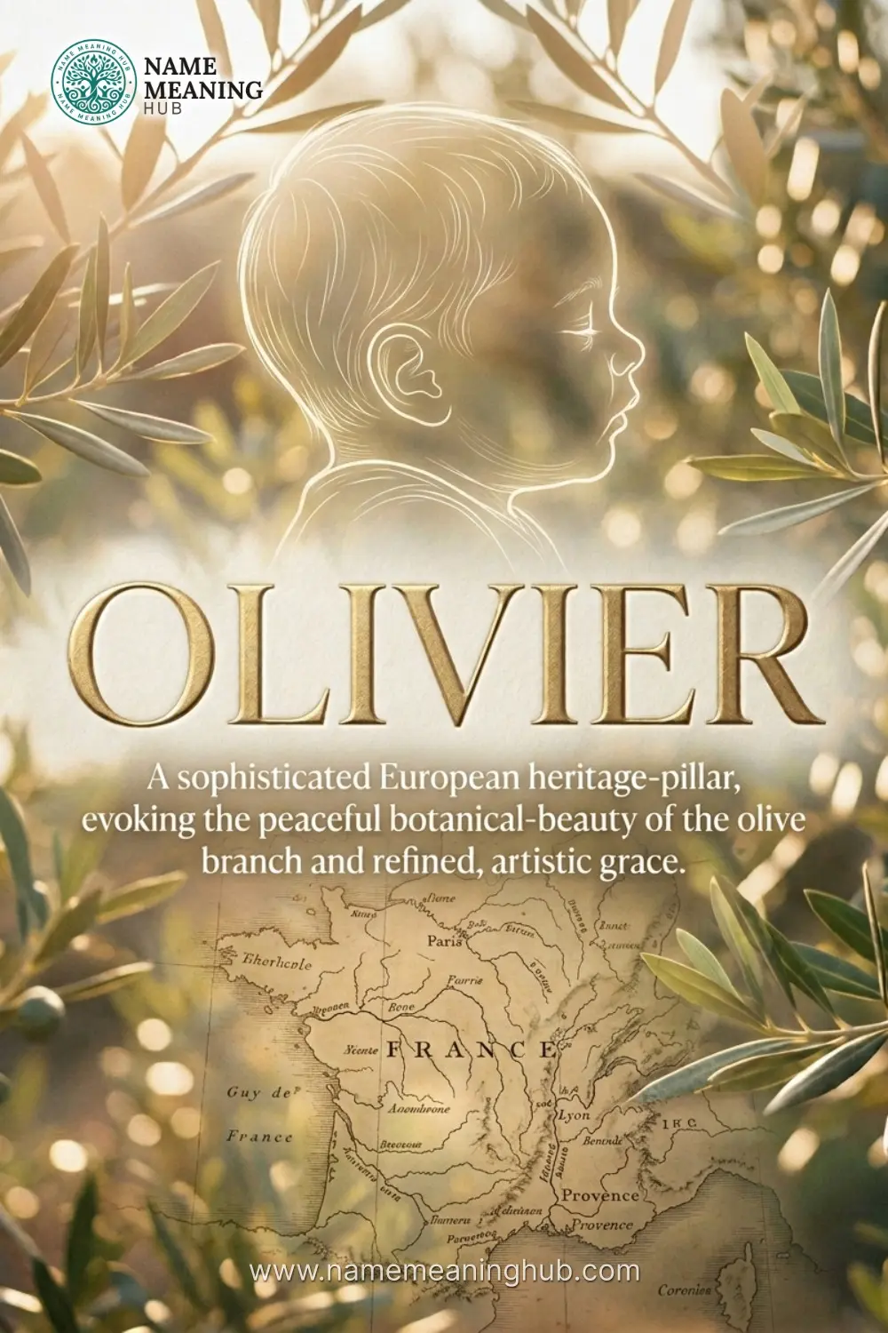 Meaning of the name Olivier: A sophisticated European heritage-pillar, evoking the peaceful botanical-beauty of the olive branch and refined, artistic grace.