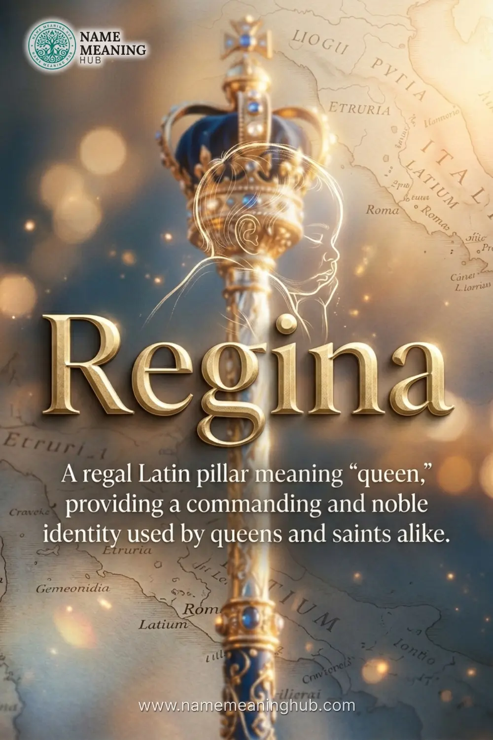 Meaning of the name Regina: A regal Latin pillar meaning "queen," providing a commanding and noble identity used by queens and saints alike.