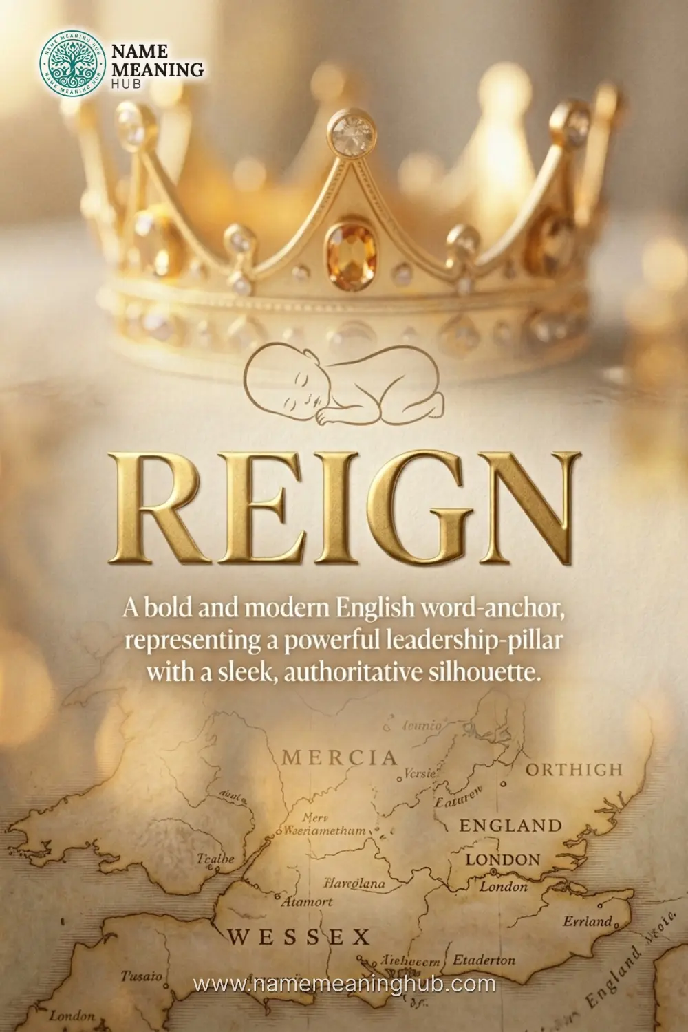 Meaning of the name Reign: A bold and modern English word-anchor, representing a powerful leadership-pillar with a sleek, authoritative silhouette.